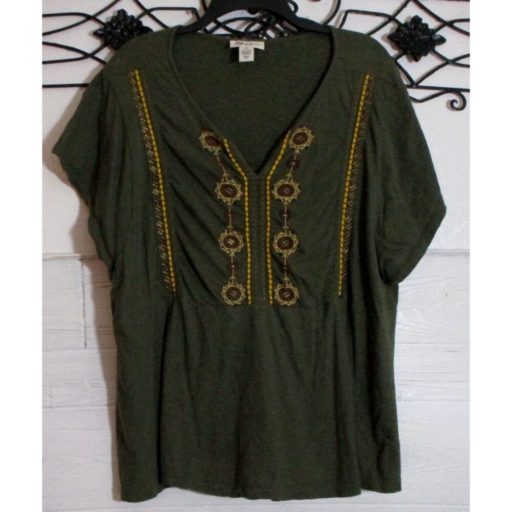 Style & Co Women's Top Size 3X Short Sleeve Green V Neck
